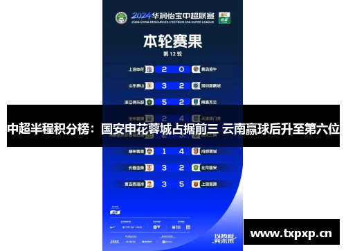 中超半程积分榜：国安申花蓉城占据前三 云南赢球后升至第六位