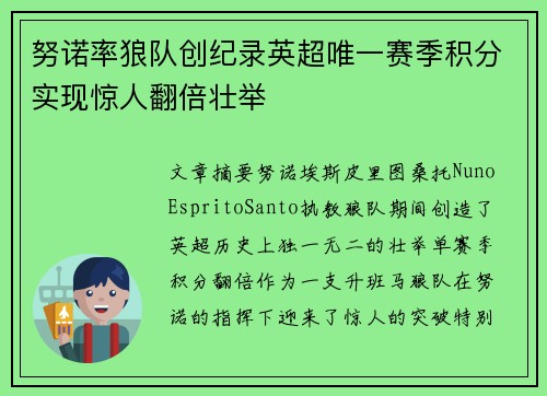 努诺率狼队创纪录英超唯一赛季积分实现惊人翻倍壮举