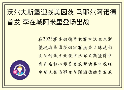 沃尔夫斯堡迎战美因茨 马耶尔阿诺德首发 李在城阿米里登场出战